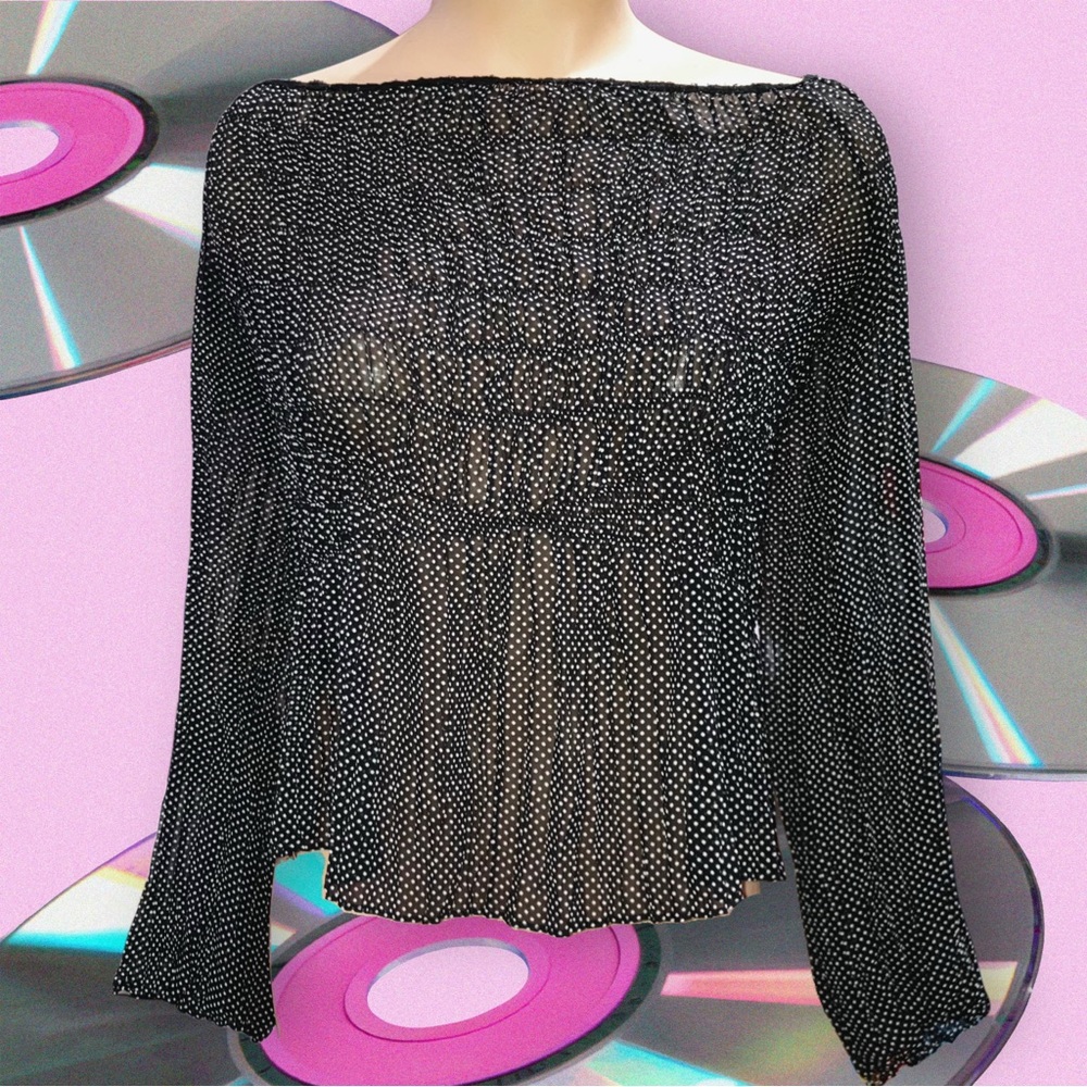 Vintage 90s Vivienne Tam Off Shoulder Black Dot Chiffon Blouse Y2K Designer Sz M